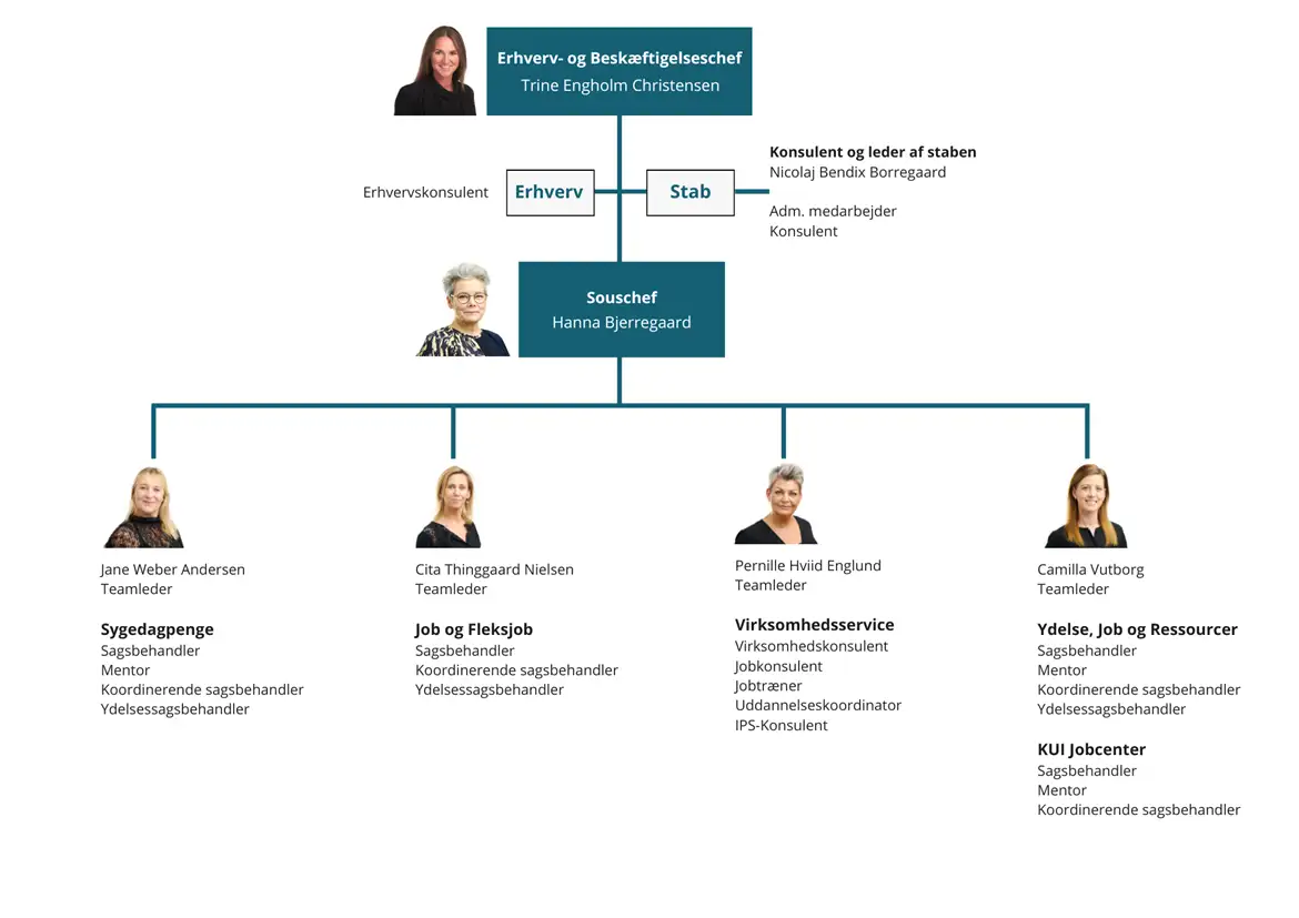 På billedet ses et grafisk opstillet organisationsdiagram, der viser organiseringen i Erhverv og Beskæftigelse i Thisted Kommune. Hvis du har synsudfordringer og har brug for at få beskrevet organisationsdiagrammet, kan du ringe på 99 17 17 17.